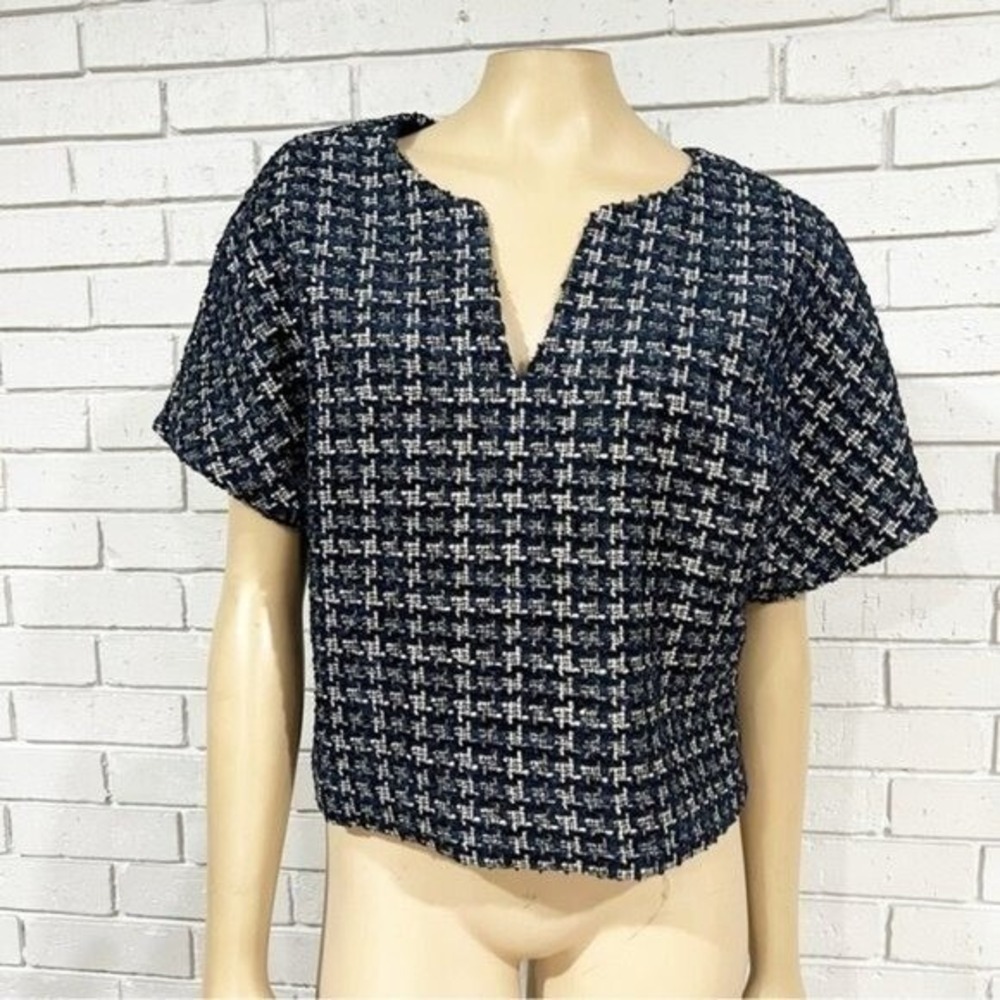 J.Crew Navy White Houndstooth Tweed Cropped Cap Sleeve Top Preppy NWT 14